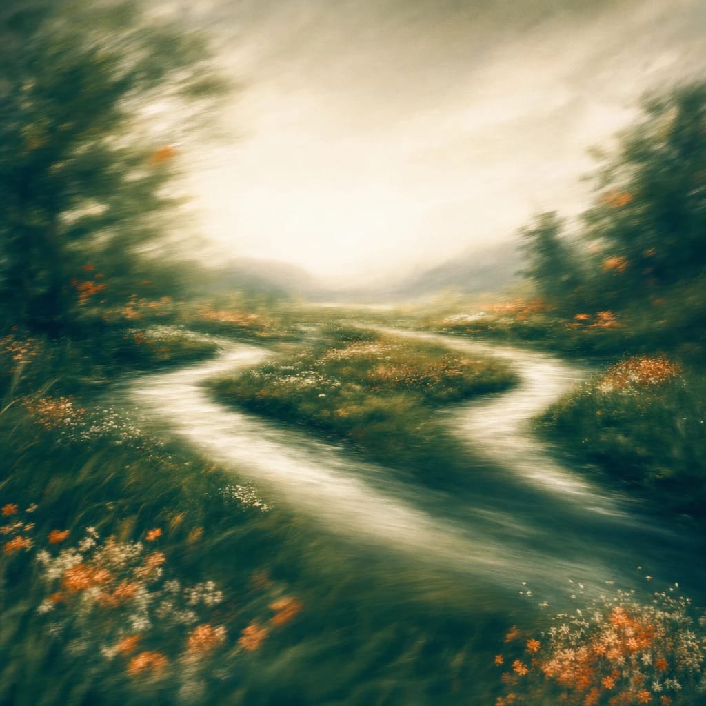 Stylized scene featuring two intertwining river streams bordered by lush green foliage, with wildflowers accenting the banks, rendered in deep forest green, off-white, and warm orange