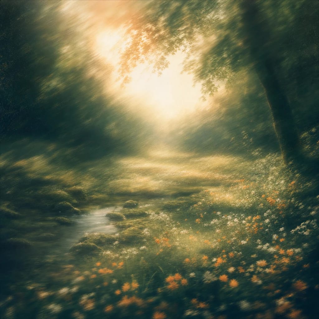 Stylized scene featuring a sun-dappled forest clearing with soft moss and wildflowers under tall, leafy trees, rendered in deep forest green, off-white, and warm orange