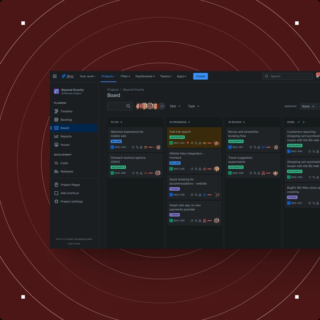Screenshot of a Jira project management board with tasks organized in columns labeled To Do, In Progress, In Review, and Done.