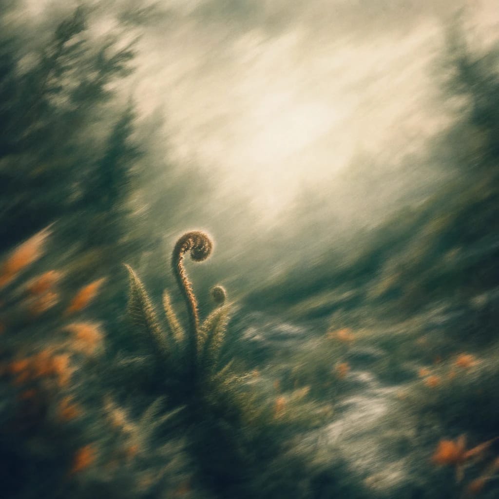 Stylized scene featuring a wilted fern unfurling beneath an overcast forest canopy, rendered in deep forest green, off-white, and warm orange