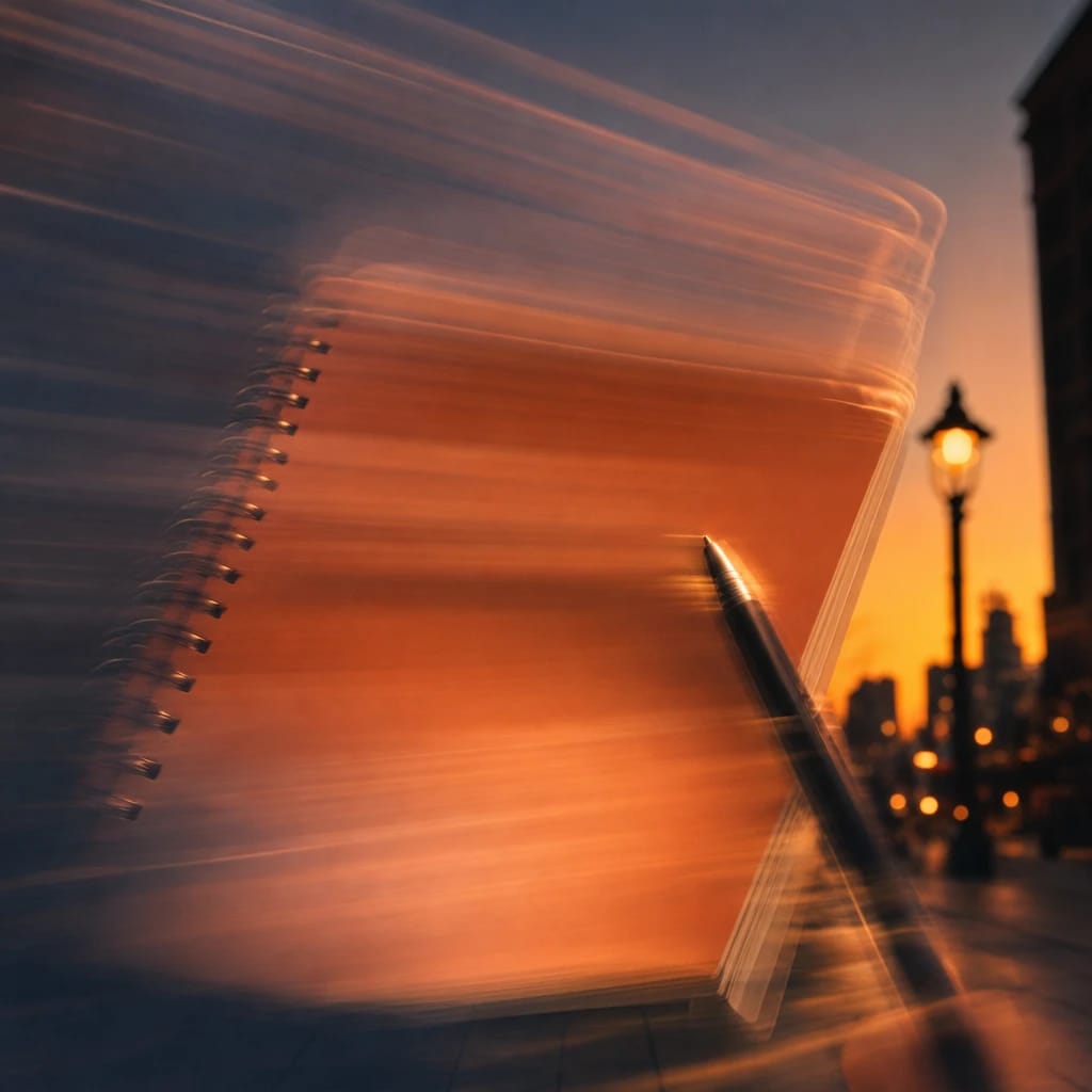 Stylized scene featuring notebook and pen on a bustling city street at dusk, rendered in gray, deep green