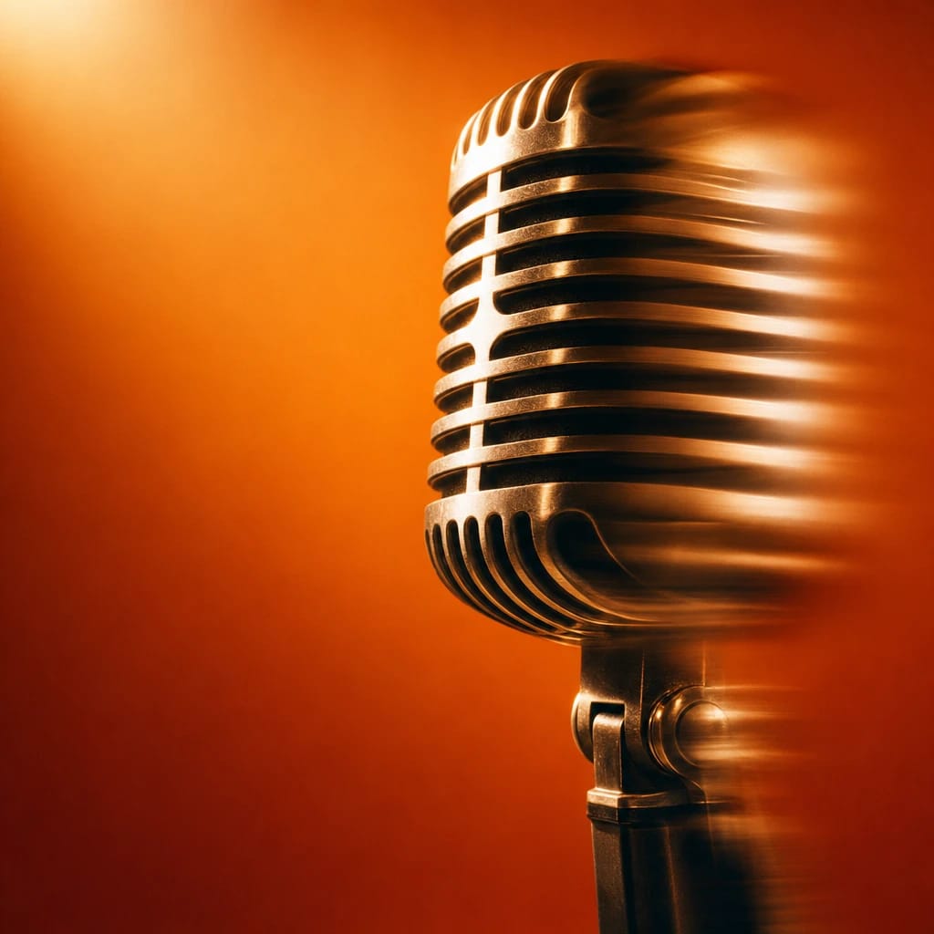 Stylized scene featuring a glamorous vintage microphone with a faint spotlight, rendered in off-white, pale gold