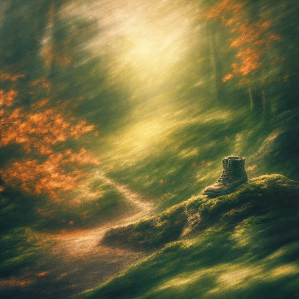 Stylized scene featuring a sun-dappled forest clearing with a winding footpath, soft moss, and a single well-worn boot resting on a log, rendered in deep forest green, off-white, and warm orange