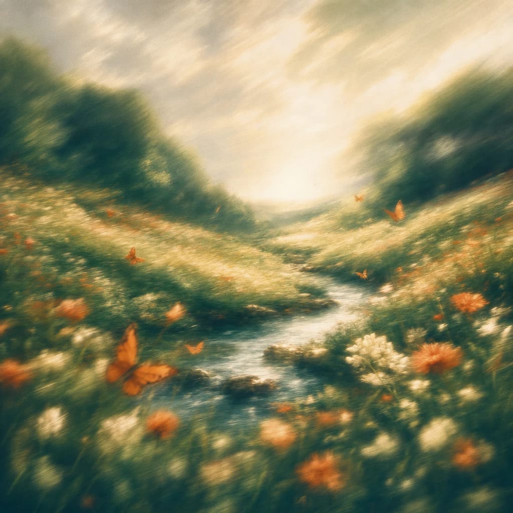 Stylized scene featuring sunlight-dappled wildflower meadow with vibrant blooms and fluttering butterflies, rendered in deep forest green, off-white, and warm orange