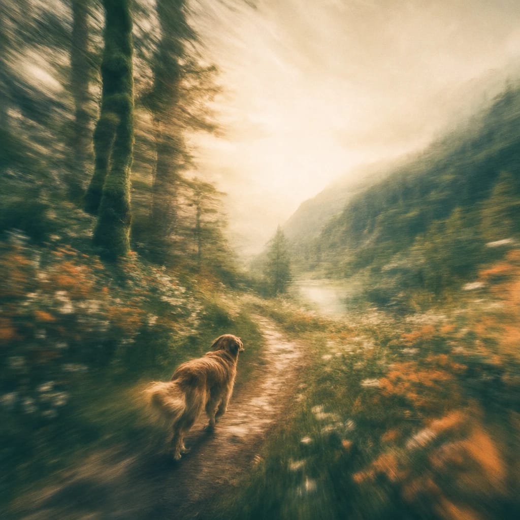 Stylized scene featuring a loyal dog trotting alongside a winding forest trail, mossy trees and dappled sunlight, rendered in deep forest green, off-white, and warm orange