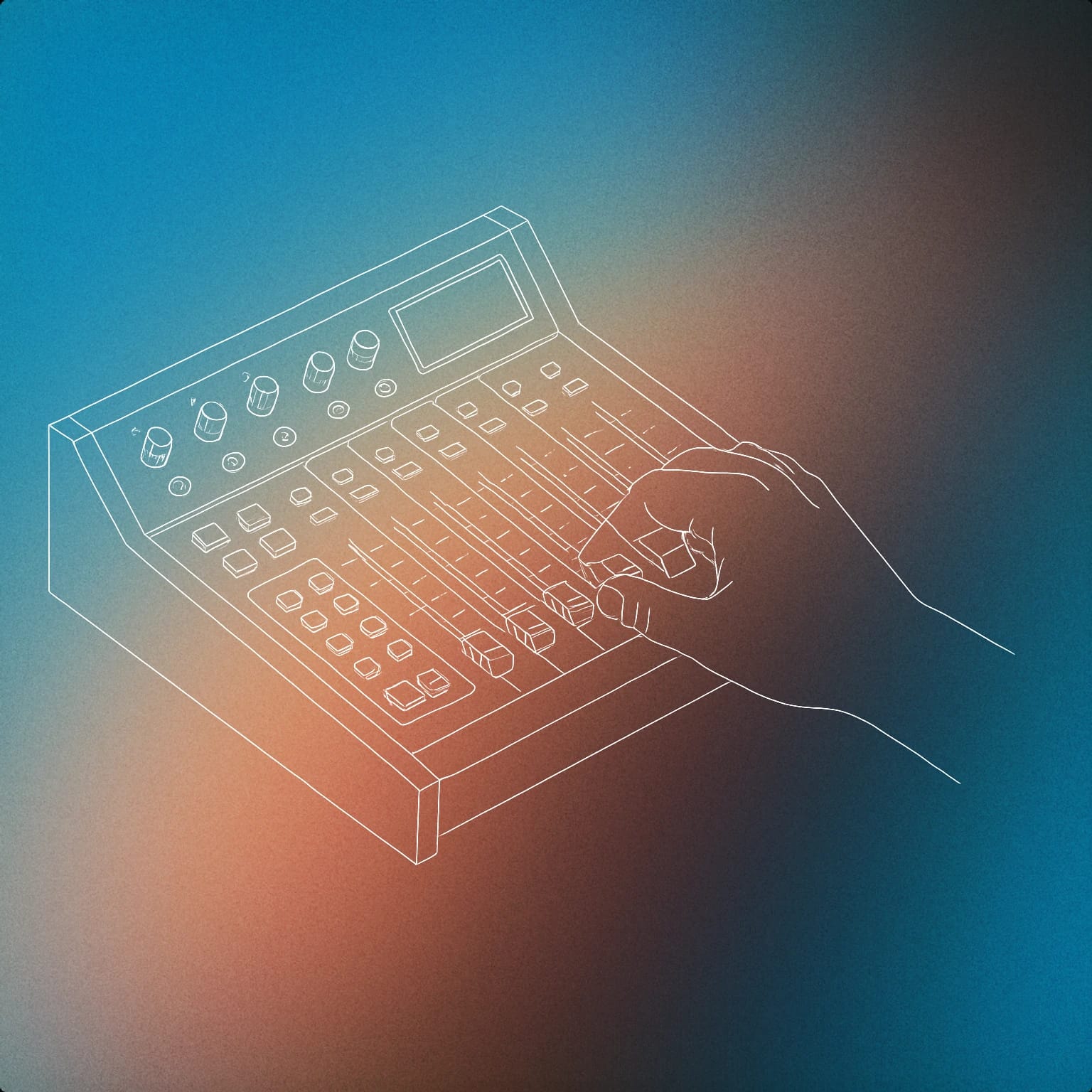 Cover of broadcasting console with a single hand adjusting a fader for Radio DJ voice library