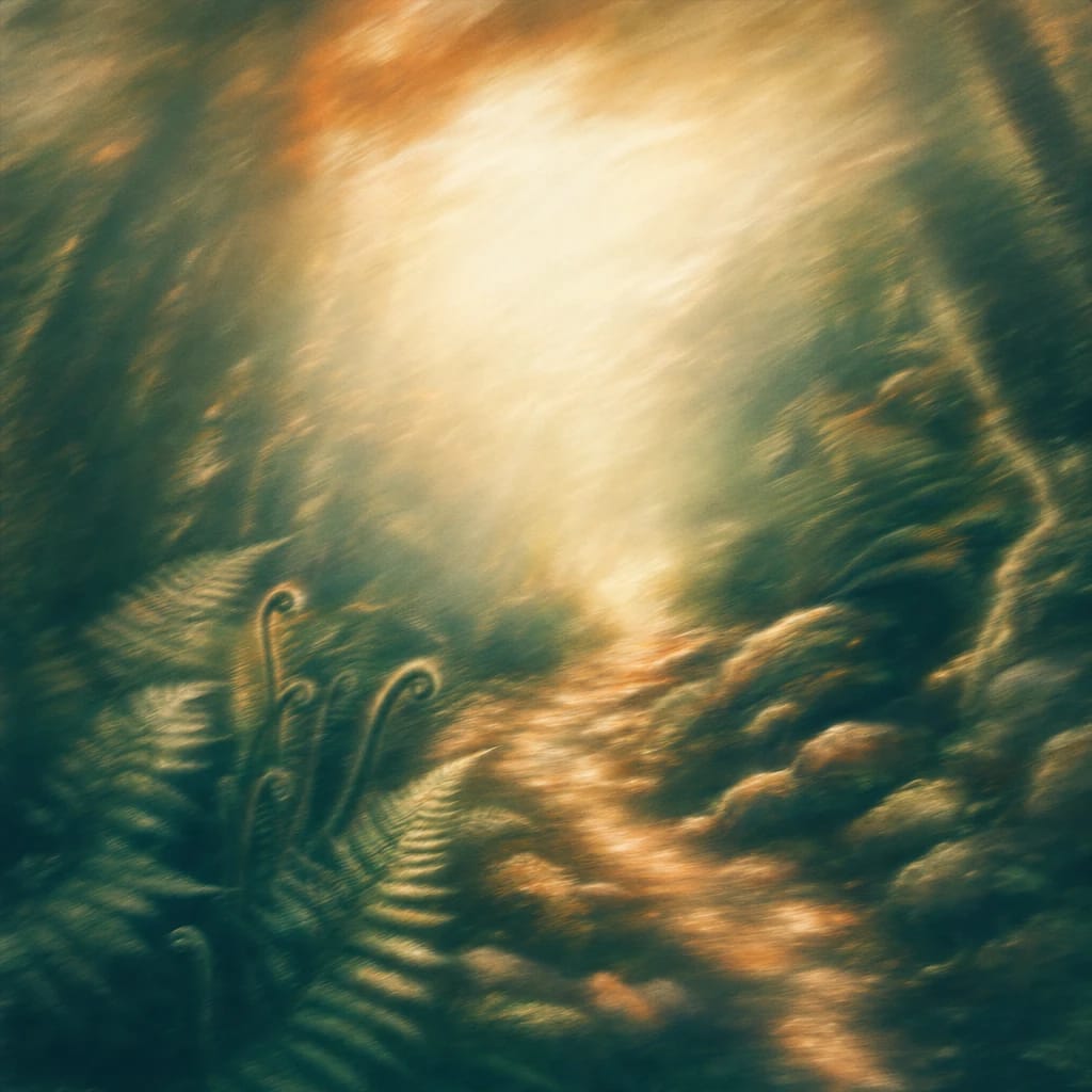 Stylized scene featuring a winding woodland path dappled with sunlight and edged by articulate ferns unfurling among mossy stones, rendered in deep forest green, off-white, and warm orange