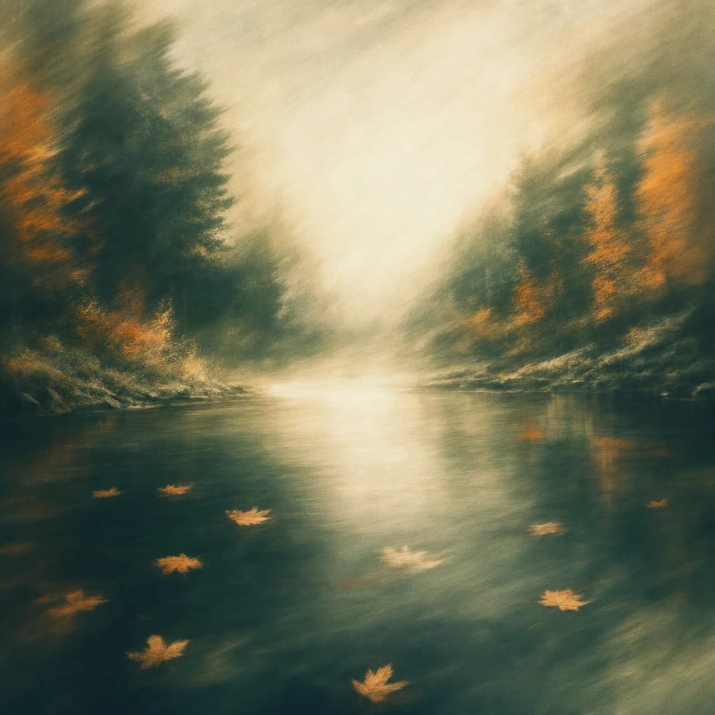 Stylized scene featuring still forest pond with a few drifting autumn leaves and gently reflected trees, rendered in deep forest green, off-white, and warm orange