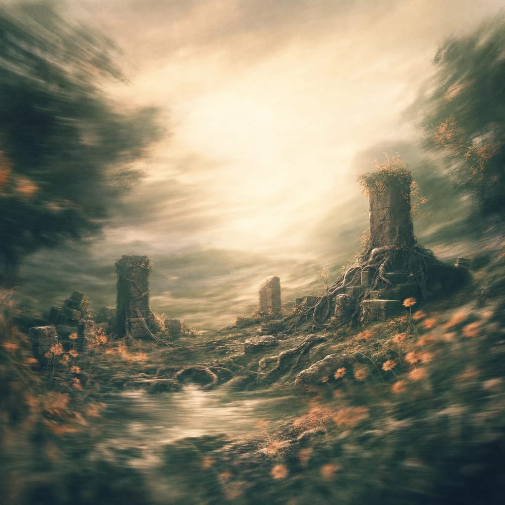 Stylized scene featuring weathered dig site with ancient ruins among tangled roots and wildflowers, rendered in deep forest green, off-white, and warm orange