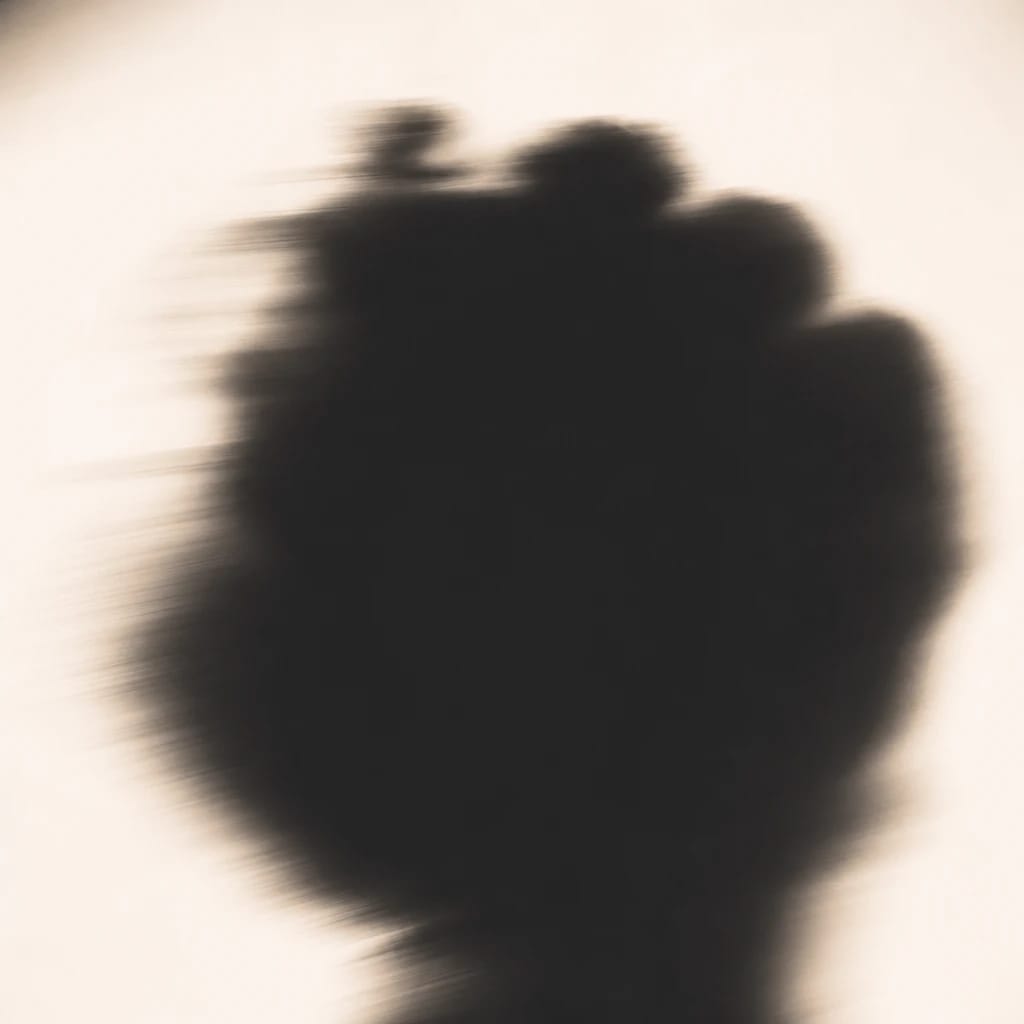 Stylized scene featuring powerful clenched fist in spotlight, rendered in deep green, gray