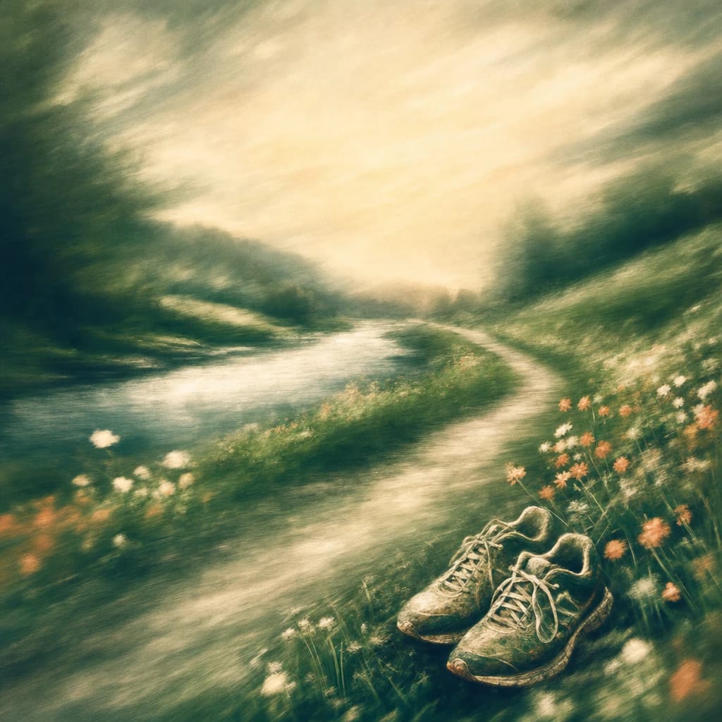 Stylized scene featuring a winding riverside running trail with fresh green grass, blooming wildflowers, and a pair of well-worn running shoes placed in the foreground, rendered in deep forest green, off-white, and warm orange