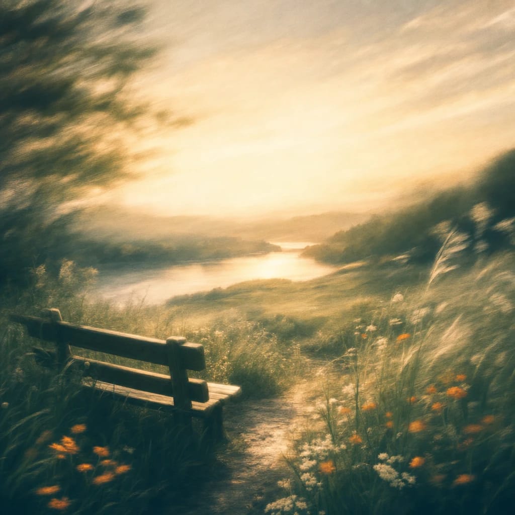 Stylized scene featuring a wooden bench beside a sunlit green field, framed by tall grass and scattered wildflowers, rendered in deep forest green, off-white, and warm orange