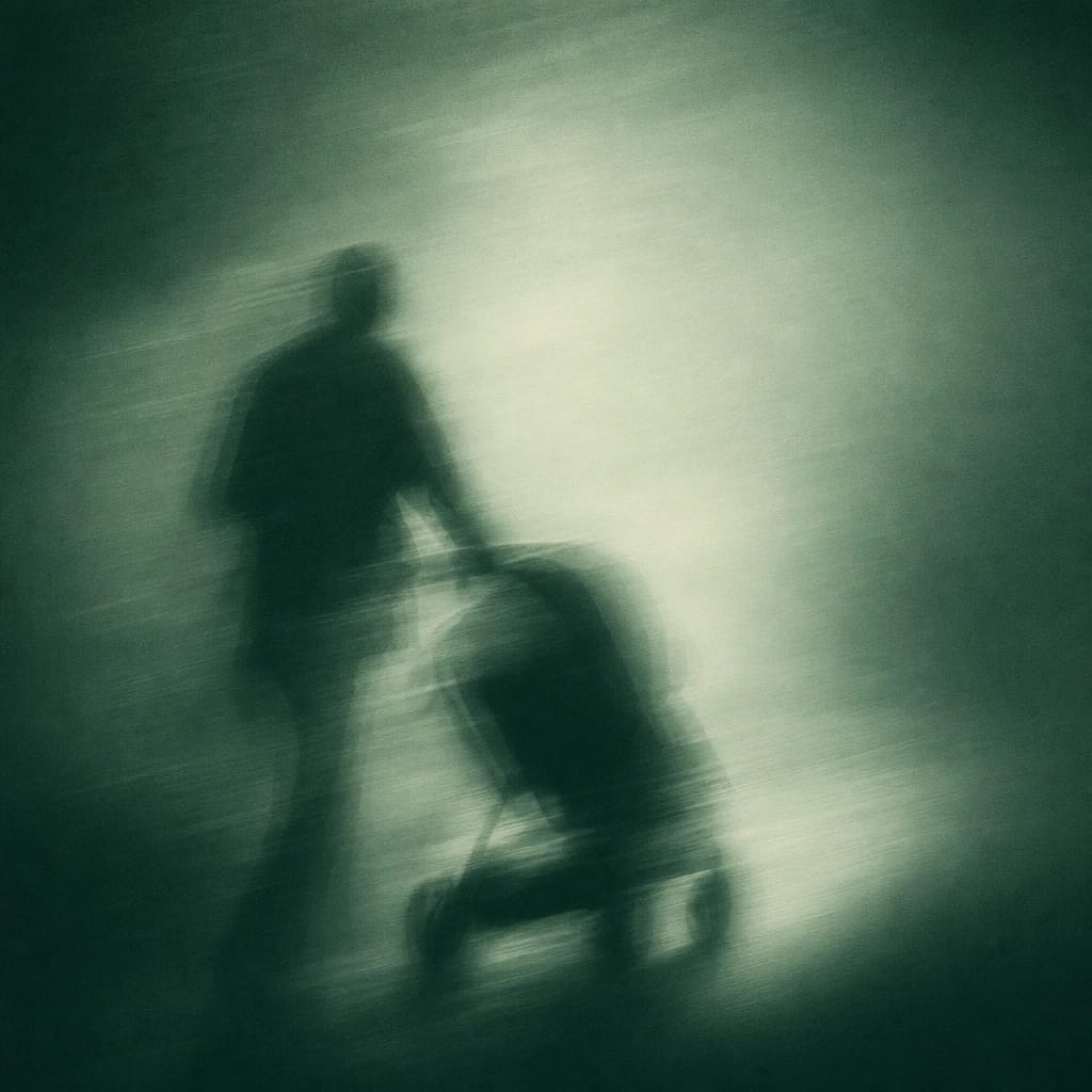 Stylized scene featuring a figure in motion pushing a stroller, silhouette with dynamic gesture, rendered in forest green #214E3A