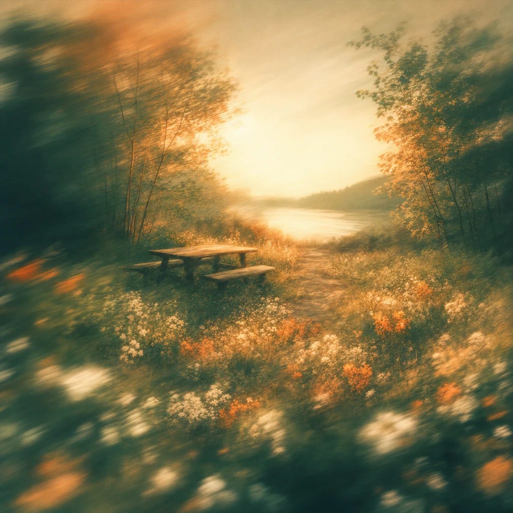 Stylized scene featuring a warmly lit forest clearing with a rustic picnic table surrounded by wildflowers and young trees, sunlight filtering through the leaves, rendered in deep forest green, off-white, and warm orange