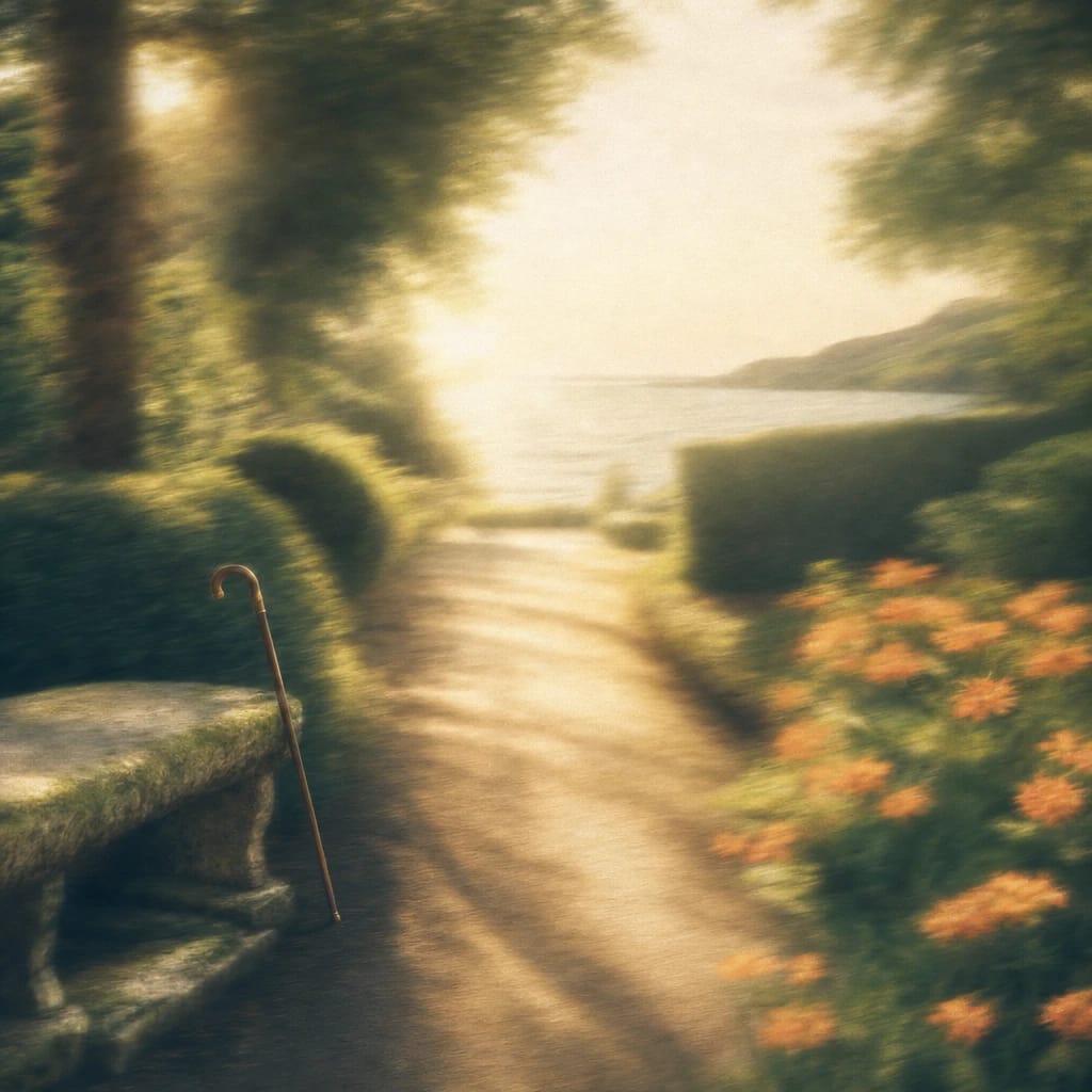 Stylized scene featuring a sun-dappled forest path bordered by manicured hedges and blooming orange flowers, with a polished walking cane leaning gently against a mossy stone bench, rendered in deep forest green, off-white, and warm orange