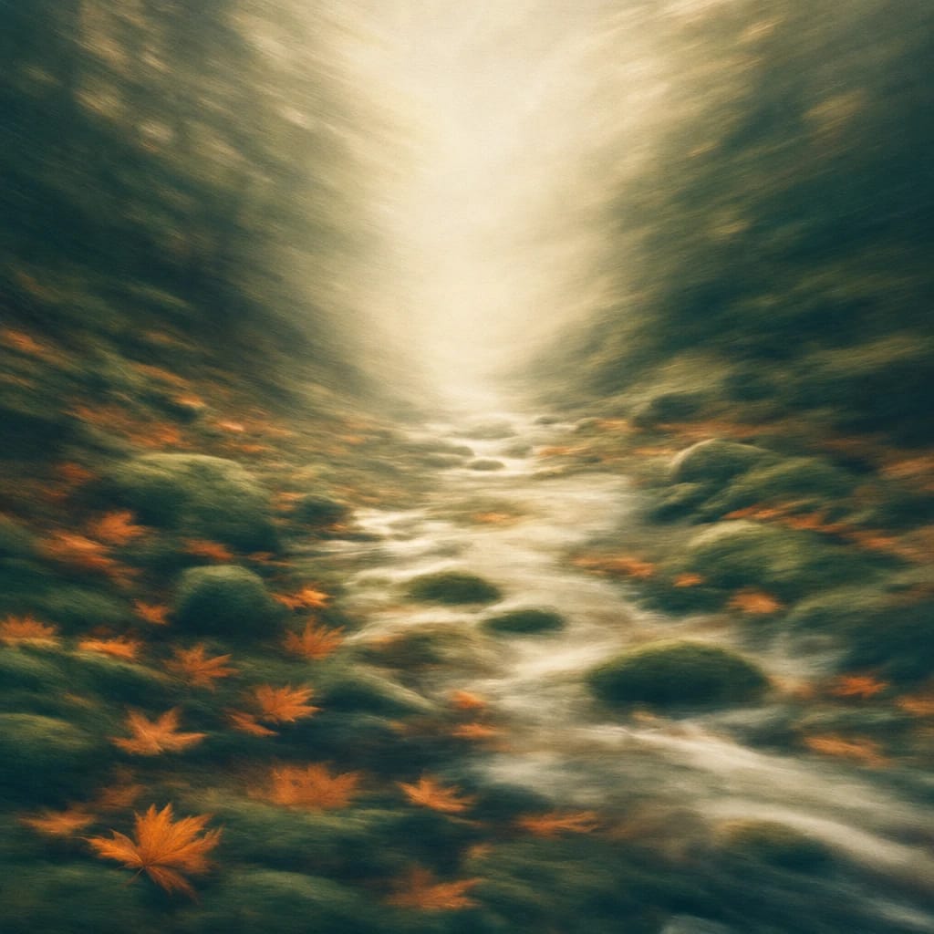 Stylized scene featuring a gently flowing woodland stream bordered by mossy rocks and scattered autumn leaves, rendered in deep forest green, off-white, and warm orange