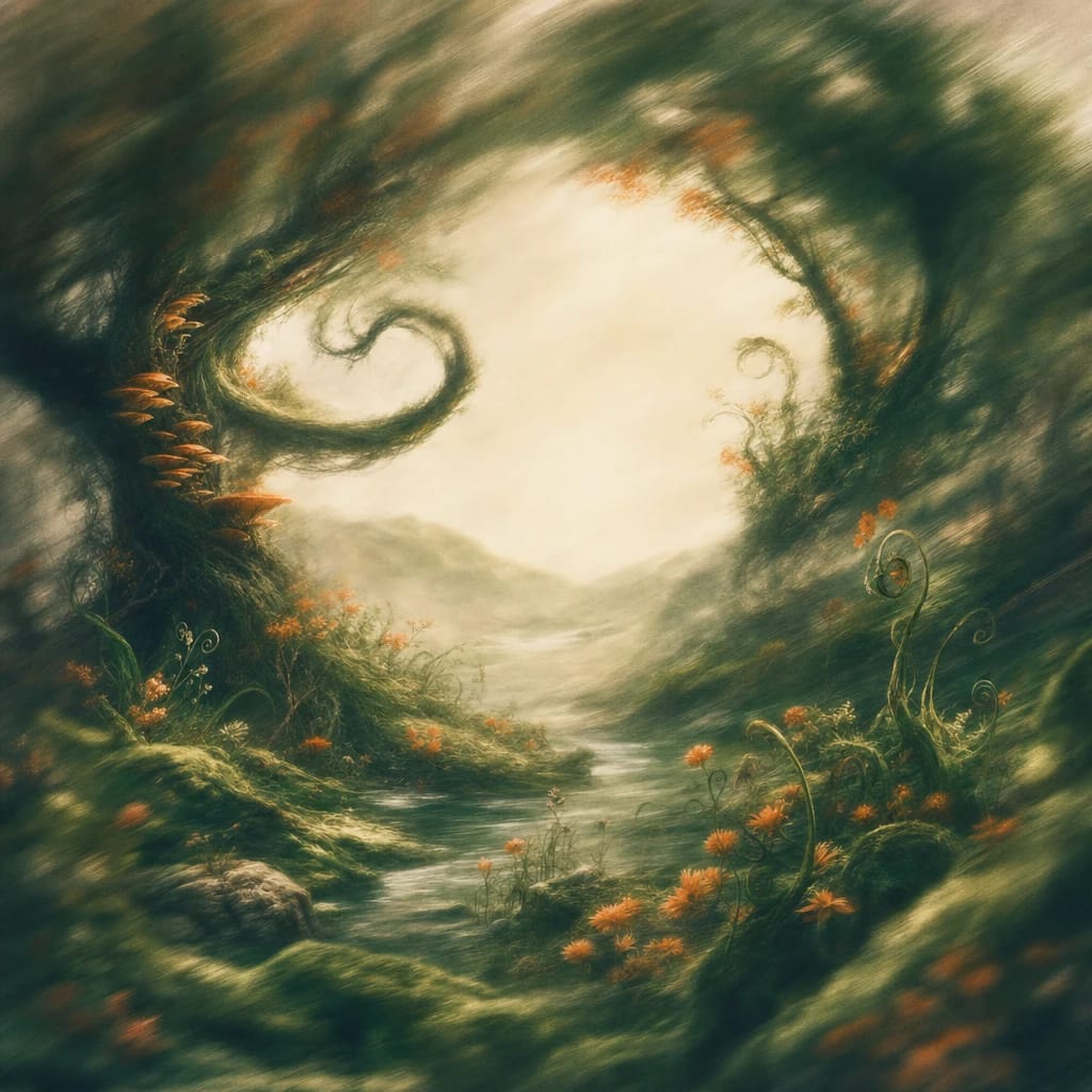 Stylized scene featuring a twisting, oversized tree with looping branches, sprouting unusual colorful fungi and wild, curling vines across a mossy forest clearing, rendered in deep forest green, off-white, and warm orange