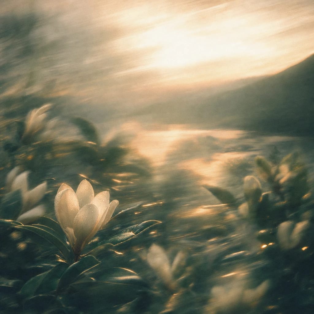 Stylized scene featuring dew-kissed magnolia blossoms nestled among glossy dark green leaves, rendered in deep forest green, off-white, and warm orange