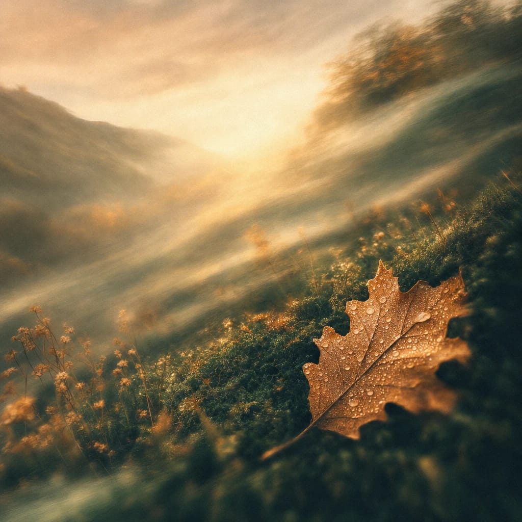 Stylized scene featuring a dew-covered dry autumn oak leaf resting on mossy undergrowth, morning mist catching the golden light, rendered in deep forest green, off-white, and warm orange
