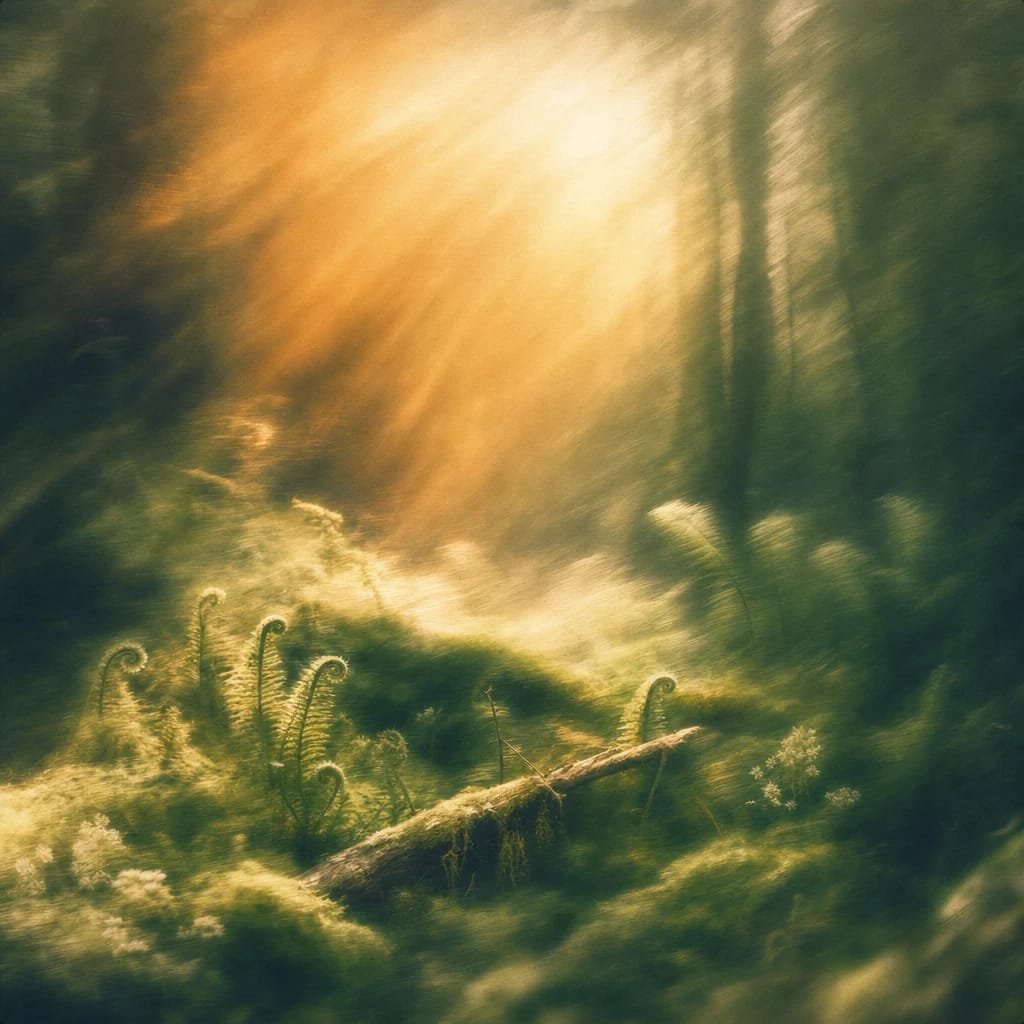 Stylized scene featuring a moss-covered forest floor with curled ferns and a fallen branch, softly illuminated by orange sun rays piercing through the canopy, rendered in deep forest green, off-white, and warm orange