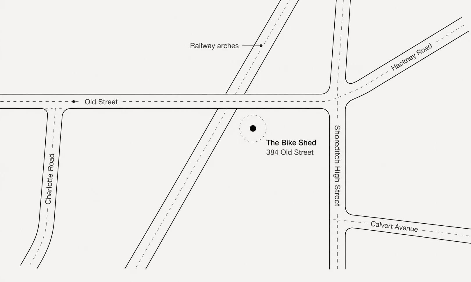 Line map of Old Street in Shoreditch with the railway arches, Shoreditch High Street, Hackney Road, Charlotte Road and Calvert Avenue, marking The Bike Shed at 384 Old Street