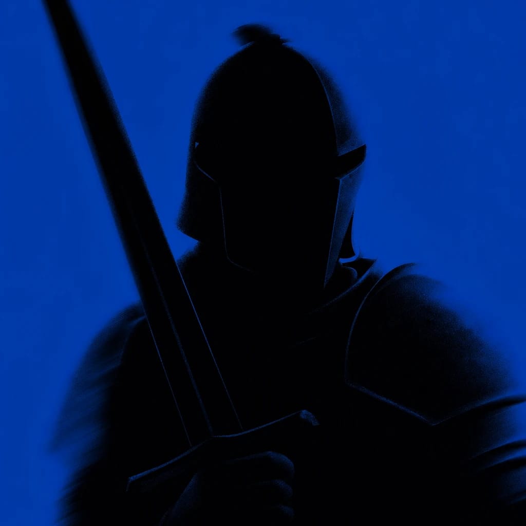 Stylized scene featuring armored medieval warrior with a sword, rendered in #004CB6