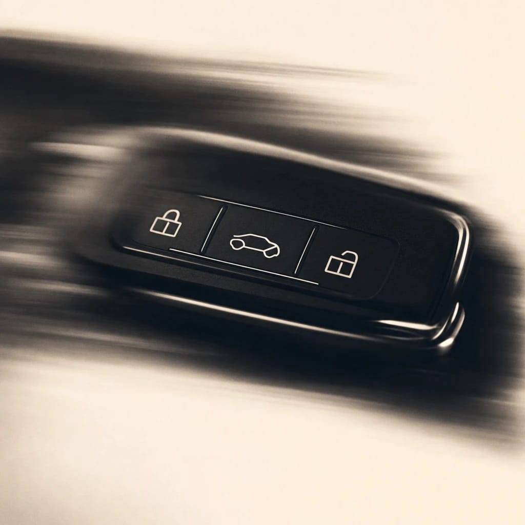 Stylized scene featuring a slick car key fob, sharp focus, rendered in gray, blue
