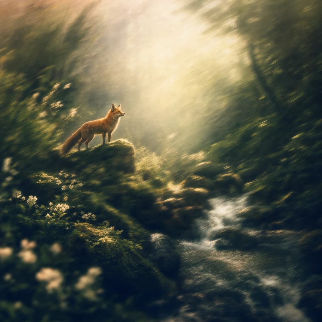 Stylized scene featuring a single wild fox standing alert atop mossy forest rocks, dappled sunlight through tangled undergrowth, rendered in deep forest green, off-white, and warm orange