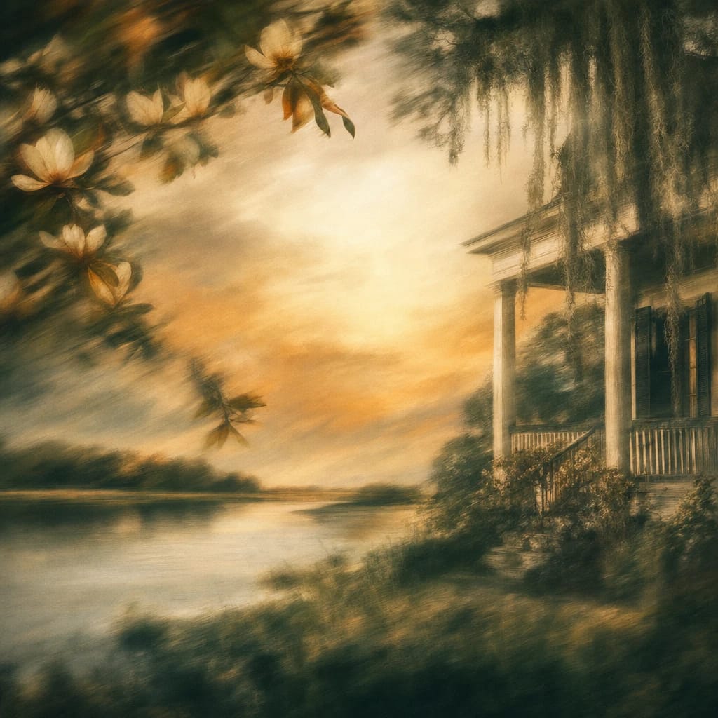 Stylized scene featuring a classic Southern plantation house porch draped with blooming magnolia branches and Spanish moss, rendered in deep forest green, off-white, and warm orange