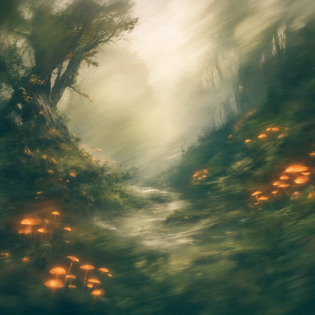 Stylized scene featuring a mist-shrouded, gnarled forest clearing illuminated by clusters of glowing orange mushrooms, rendered in deep forest green, off-white, and warm orange