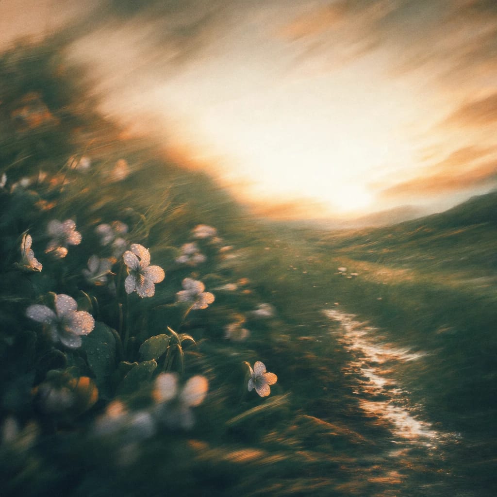 Stylized scene featuring dew-speckled wild violets blooming at the edge of a fresh green meadow, slightly tousled as if by a gentle, sudden breeze, rendered in deep forest green, off-white, and warm orange