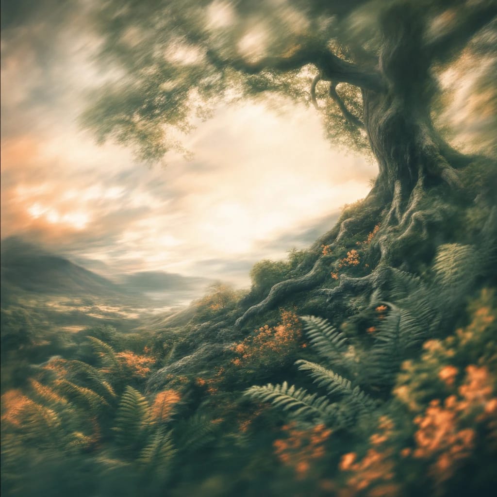 Stylized scene featuring an ancient oak tree with rugged, gnarled roots amidst tall ferns beneath a cloud-dappled sky, rendered in deep forest green, off-white, and warm orange