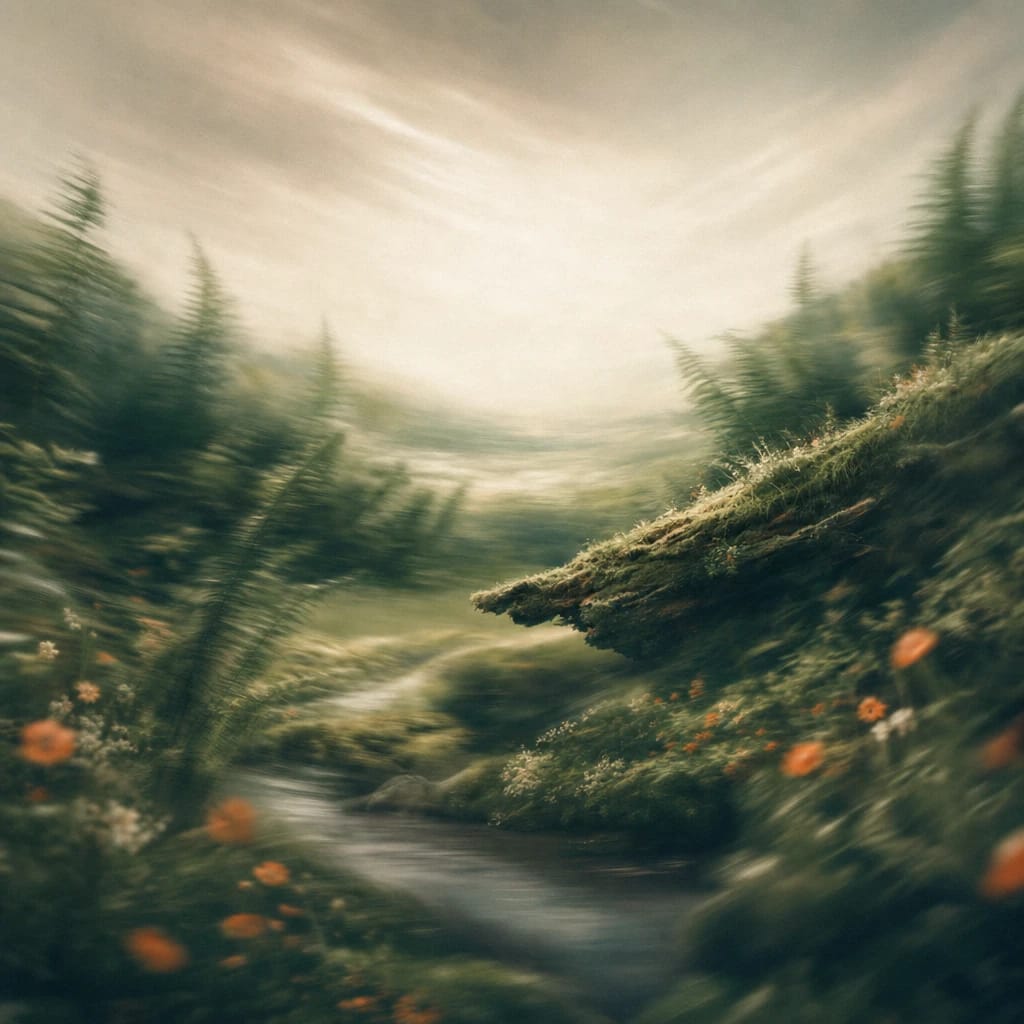 Stylized scene featuring a whimsical moss-covered log surrounded by tall ferns and playful woodland flowers, rendered in deep forest green, off-white, and warm orange