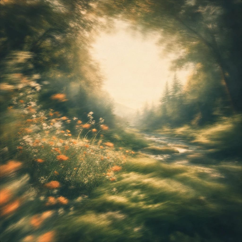 Stylized scene featuring a sun-dappled forest clearing with gently arching wildflowers and soft moss underfoot, rendered in deep forest green, off-white, and warm orange