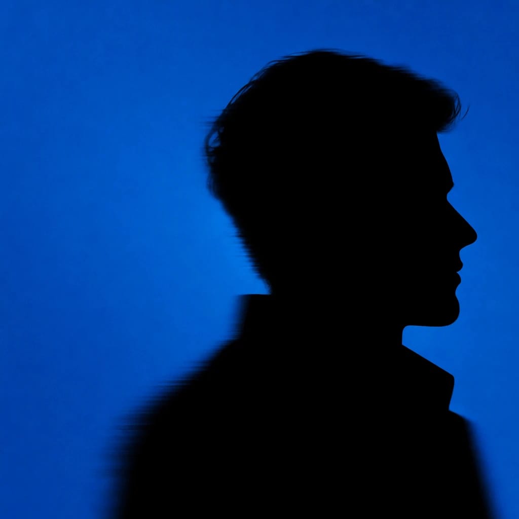 Stylized scene featuring confident male portrait side profile, rendered in #004CB6