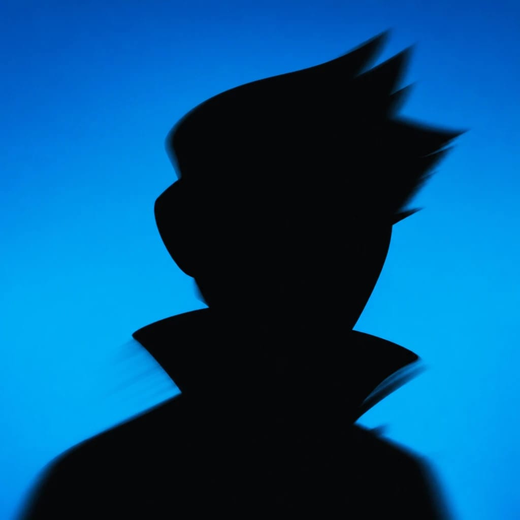 Stylized scene featuring portrait of a lively cartoon character, rendered in #004CB6