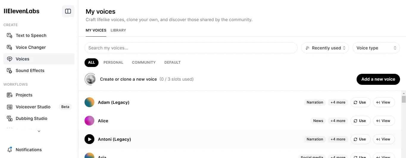Screenshot of the ElevenLabs voice creation interface showing a list of saved voices, including Adam, Alice, and Antoni.