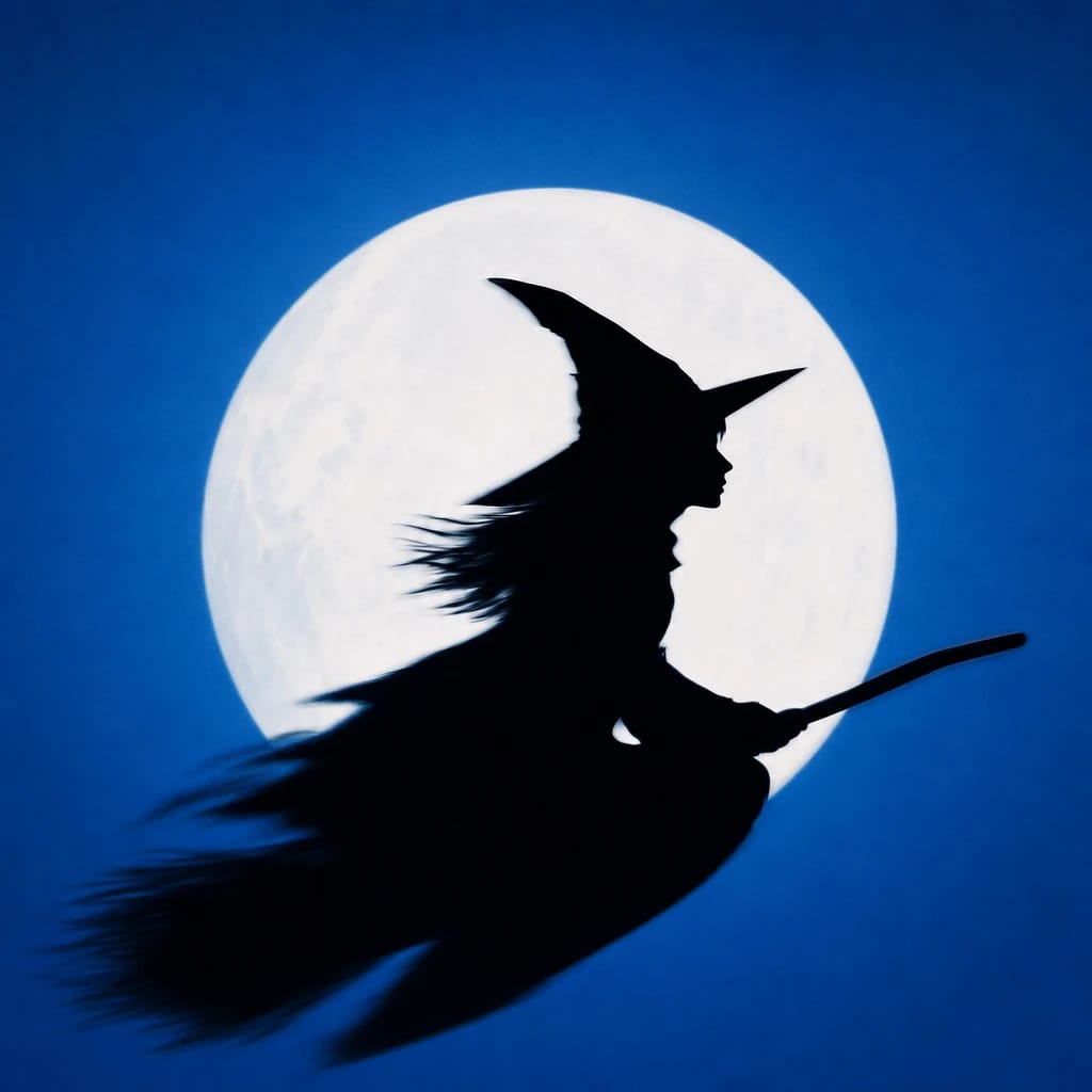 Stylized scene featuring witch flying on broomstick silhouetted against moon, rendered in #004CB6