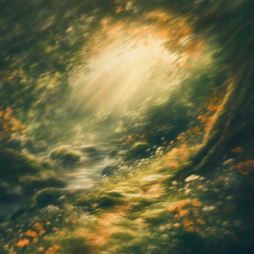 Stylized scene featuring a sunbeam filtering through lush forest leaves onto a mossy path, rendered in deep forest green, off-white, and warm orange