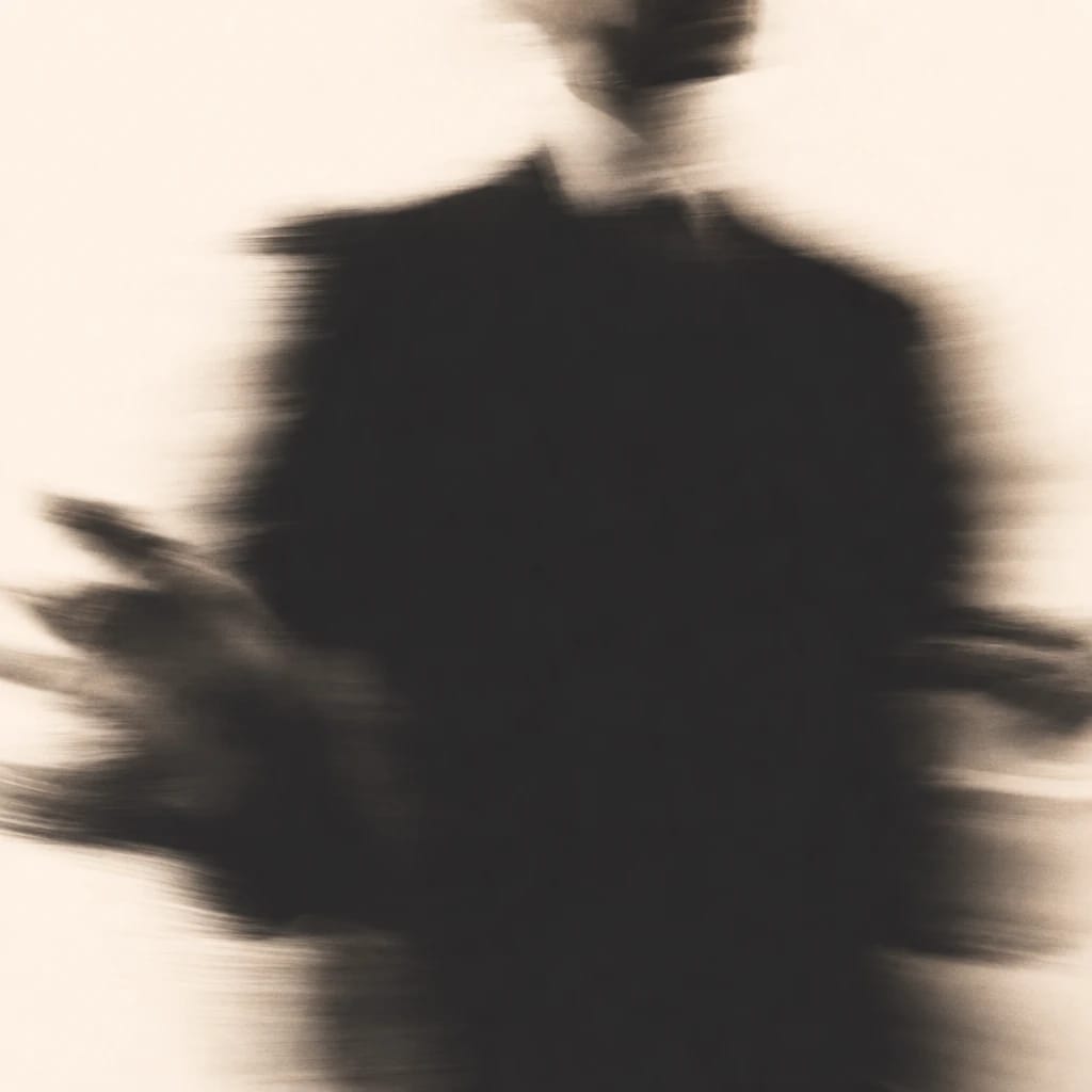 Stylized scene featuring a business man in a sharp suit, slightly blurred, mid-presentation, rendered in gray, blue