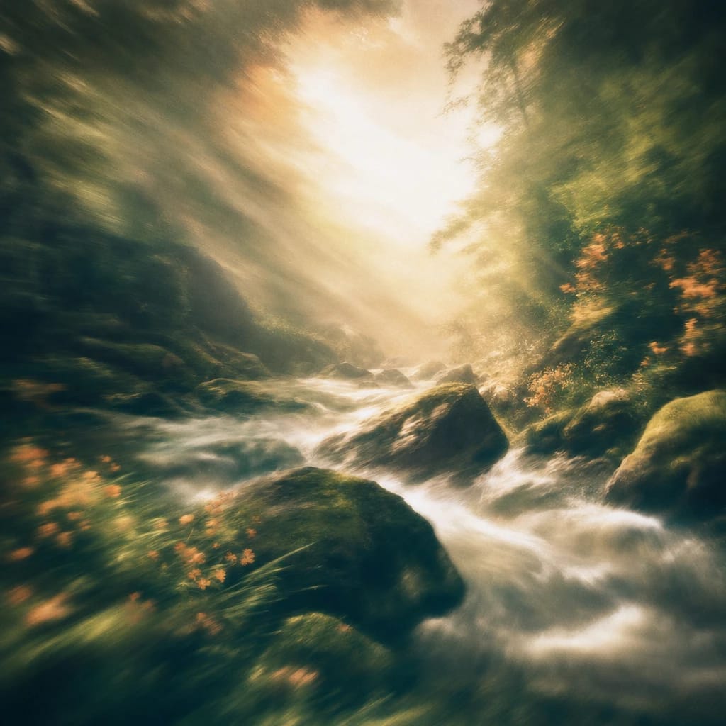 Stylized scene featuring a powerful river crashing through mossy boulders in dense green woods, sunlight streaming through the canopy, rendered in deep forest green, off-white, and warm orange