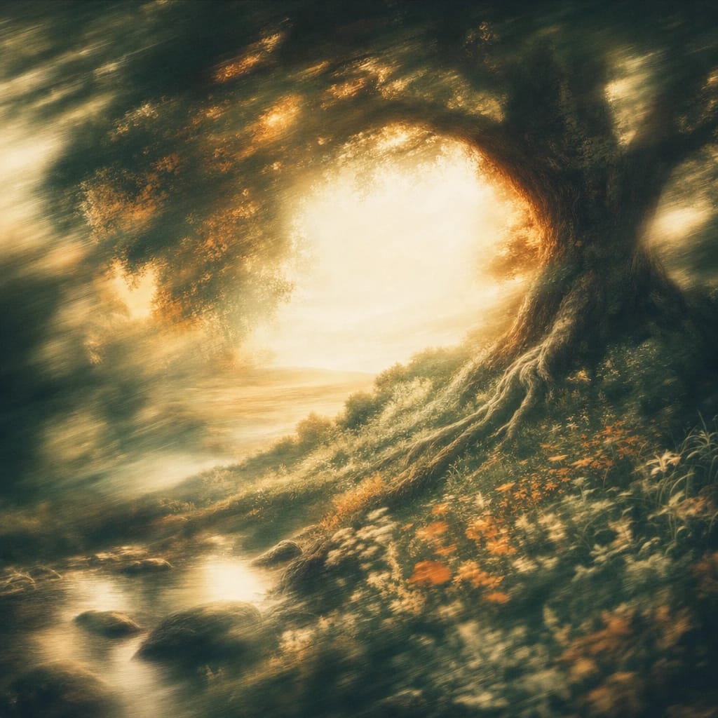 Stylized scene featuring a sturdy oak tree with broad roots surrounded by lush foliage and shafts of warm sunlight breaking through the canopy, rendered in deep forest green, off-white, and warm orange