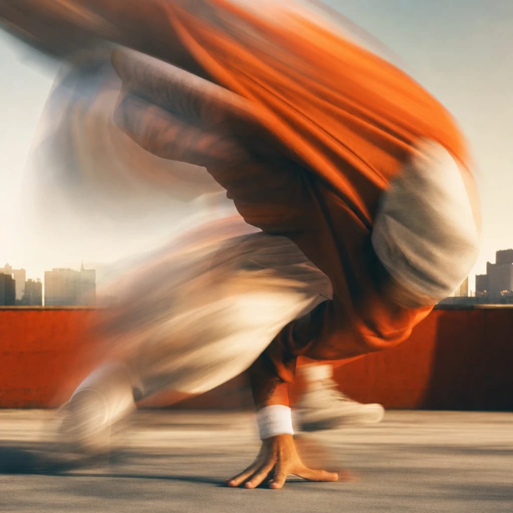 Stylized scene featuring a streetwear-clad figure breakdancing on a city rooftop, rendered in deep green, off-white