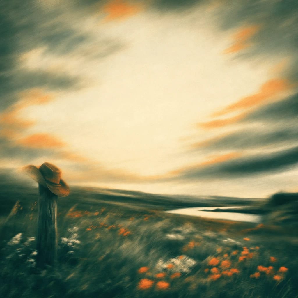 Stylized scene featuring a wide open grassy plain dotted with wildflowers, a sturdy cowgirl hat resting atop a post in the foreground, rendered in deep forest green, off-white, and warm orange