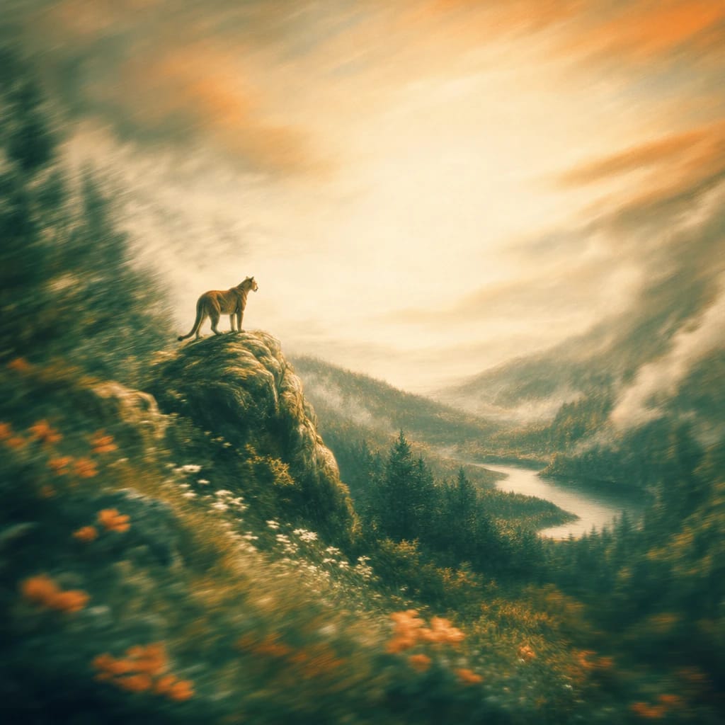 Stylized scene featuring a lone mountain lion standing alert atop sunlit mossy boulders overlooking a deep forest valley, rendered in deep forest green, off-white, and warm orange