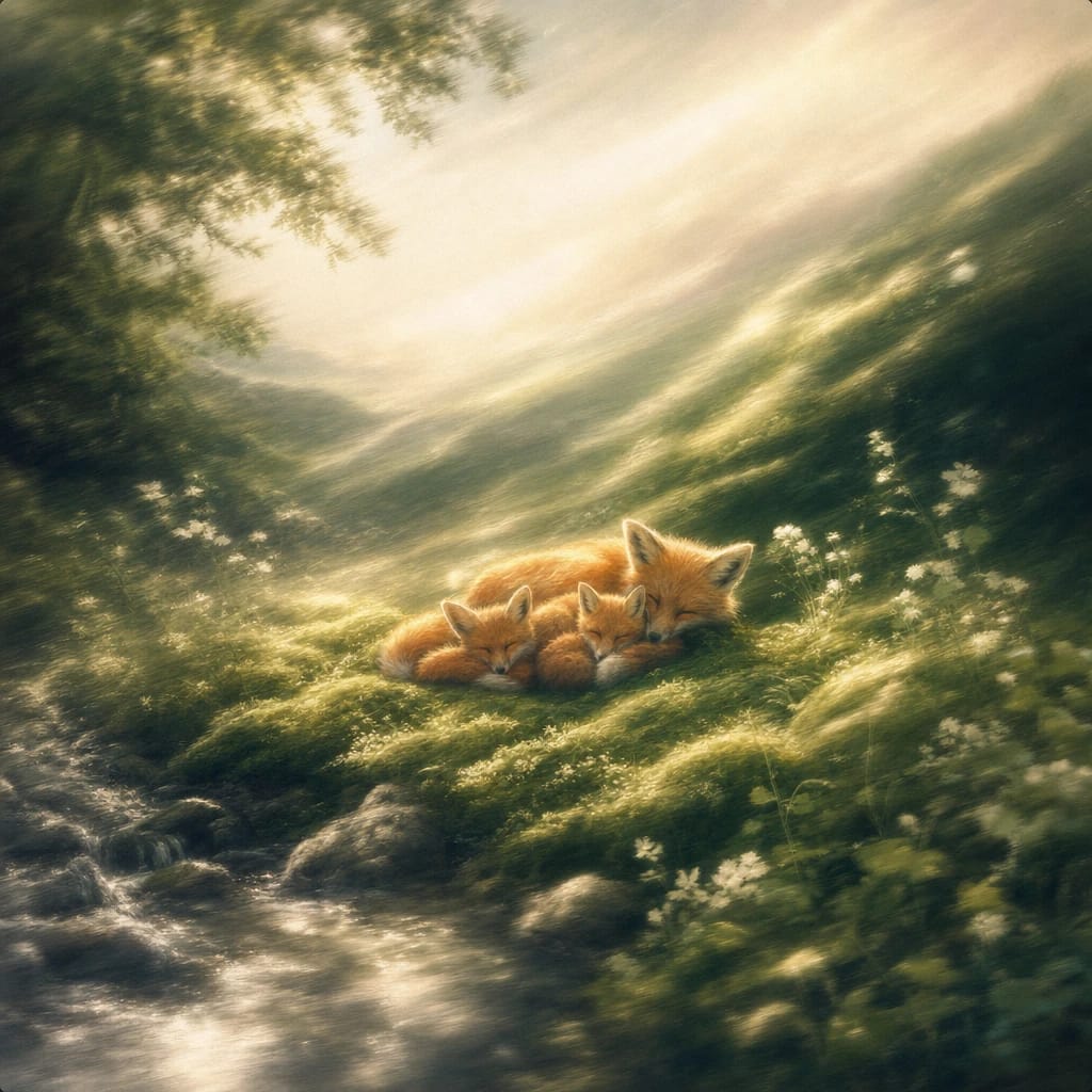 Stylized scene featuring a family of small foxes napping amid lush moss, wildflowers, and dappled sunlight in a cozy forest clearing, rendered in deep forest green, off-white, and warm orange