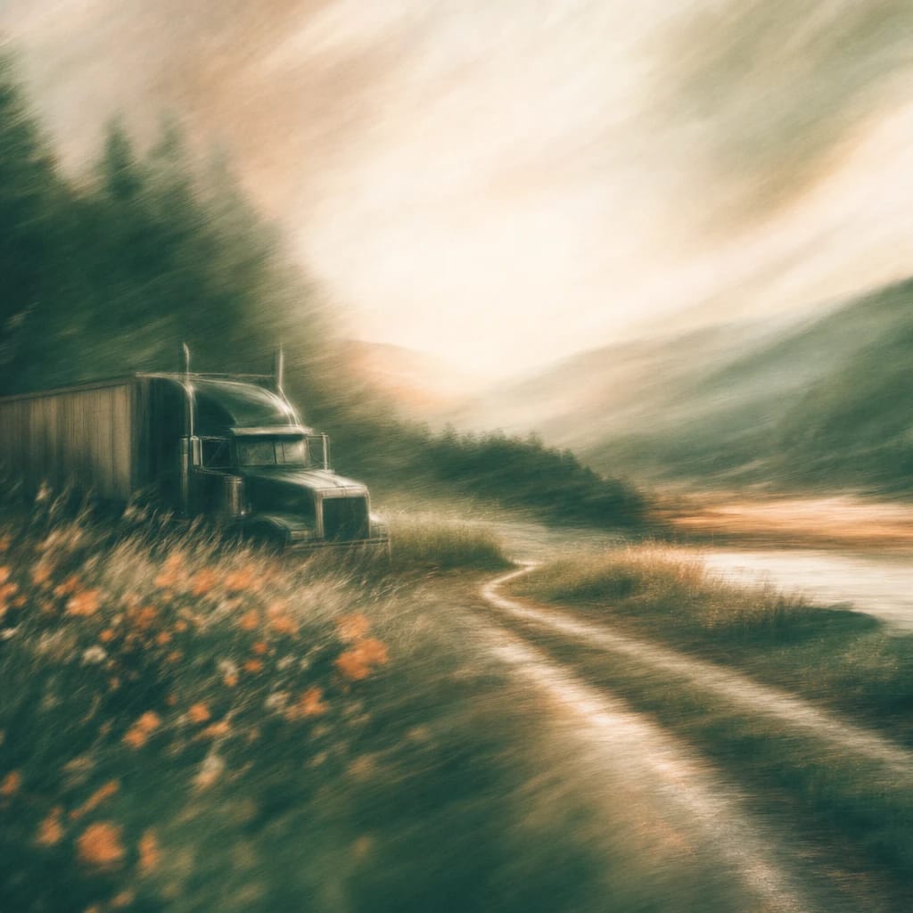 Stylized scene featuring a semi-truck parked beside a winding country road edged by tall grasses and distant rolling hills, rendered in deep forest green, off-white, and warm orange
