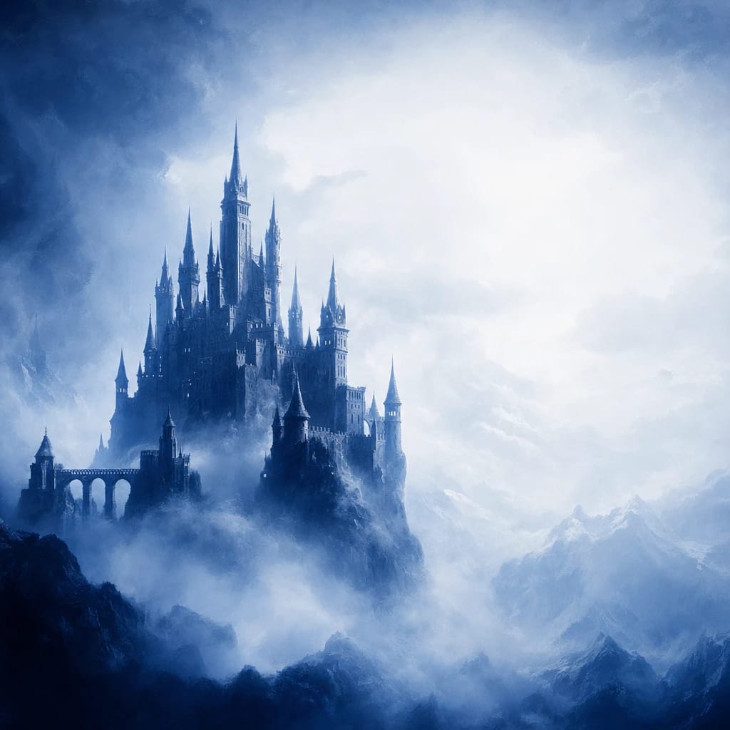 Stylized scene featuring a mystical castle shrouded in morning mist, rendered in #DFE8F3 and #020A2F
