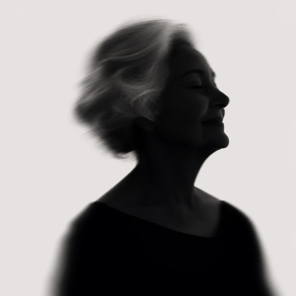 Stylized scene featuring elderly woman with silver hair and gentle smile, rendered in #D7D5D5