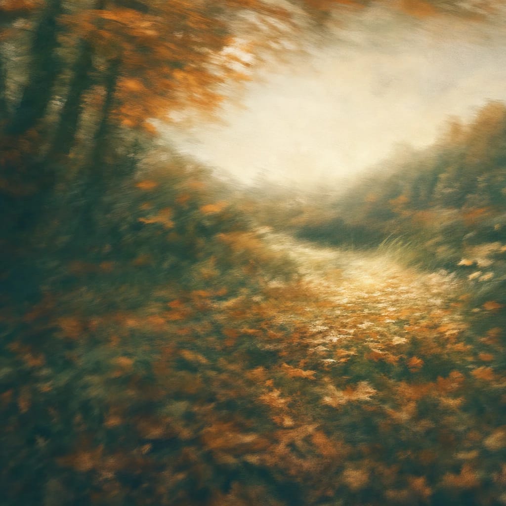 Stylized scene featuring sun-dappled autumn leaves on forest floor with crisp, curling edges, rendered in deep forest green, off-white, and warm orange